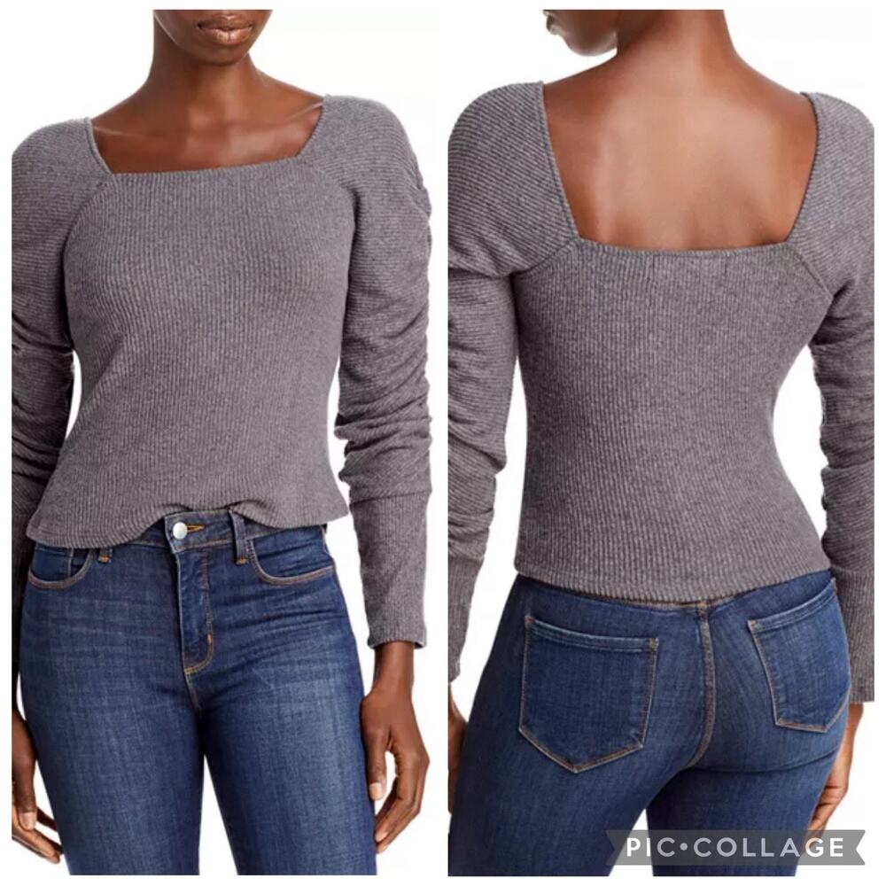 Vintage Havana Square Neck Ribbed Puff Scrunch Sleeve Cropped Top Gray Small